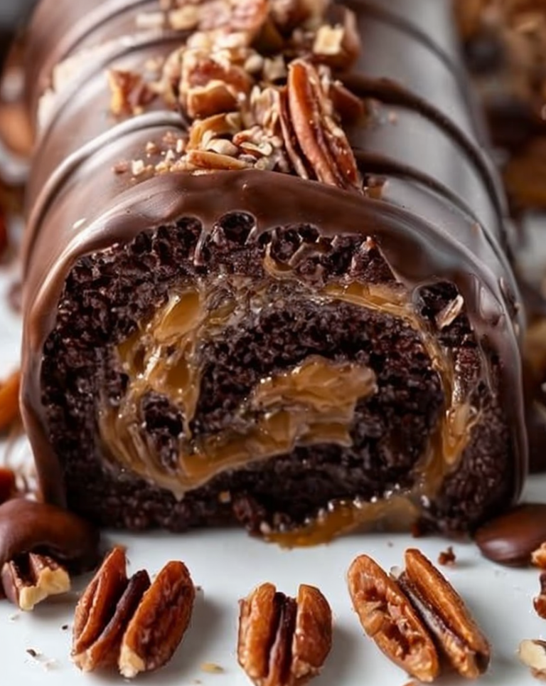 Decadent Gooey Chocolate Caramel Turtle Cake Roll Recipe