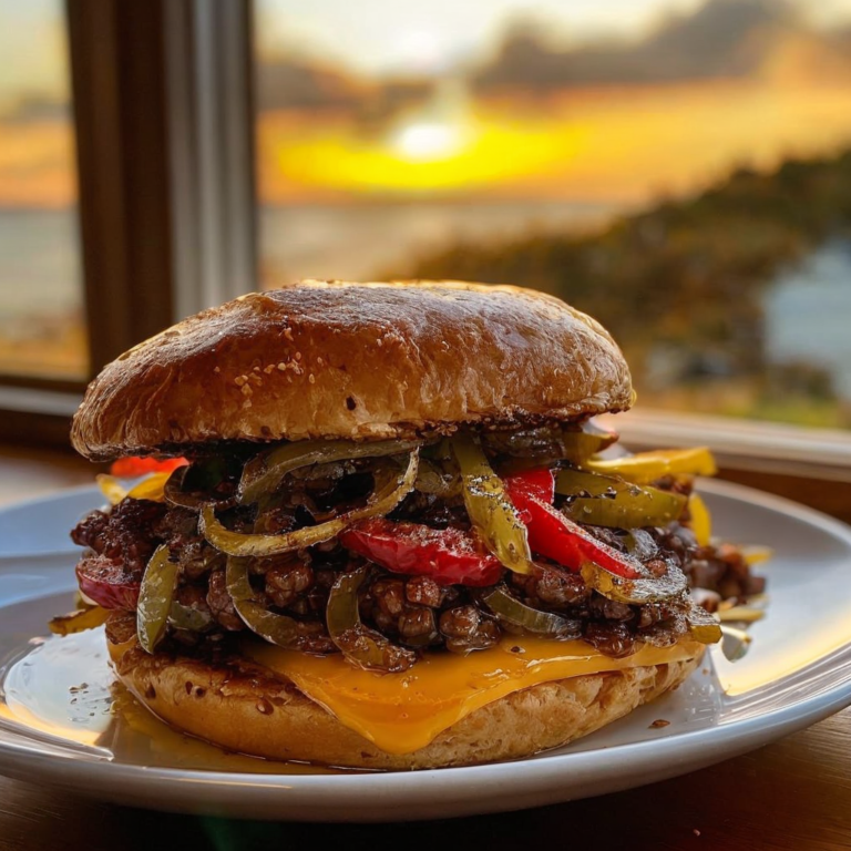 Ultimate Philly Cheesesteak Burger with Sautéed Peppers and Onions