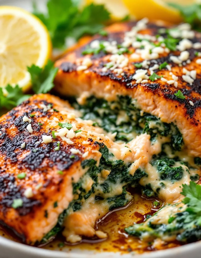 Easy Blackened Salmon Stuffed with Spinach & Parmesan