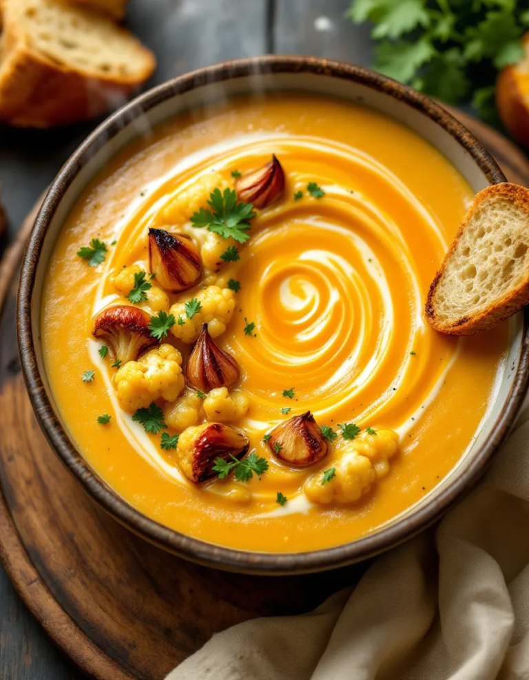 Easy Cheddar Cauliflower and Roasted Garlic Soup