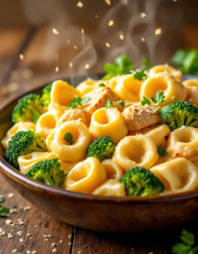 Easy Creamy Garlic Parmesan Tortellini with Chicken & Broccoli