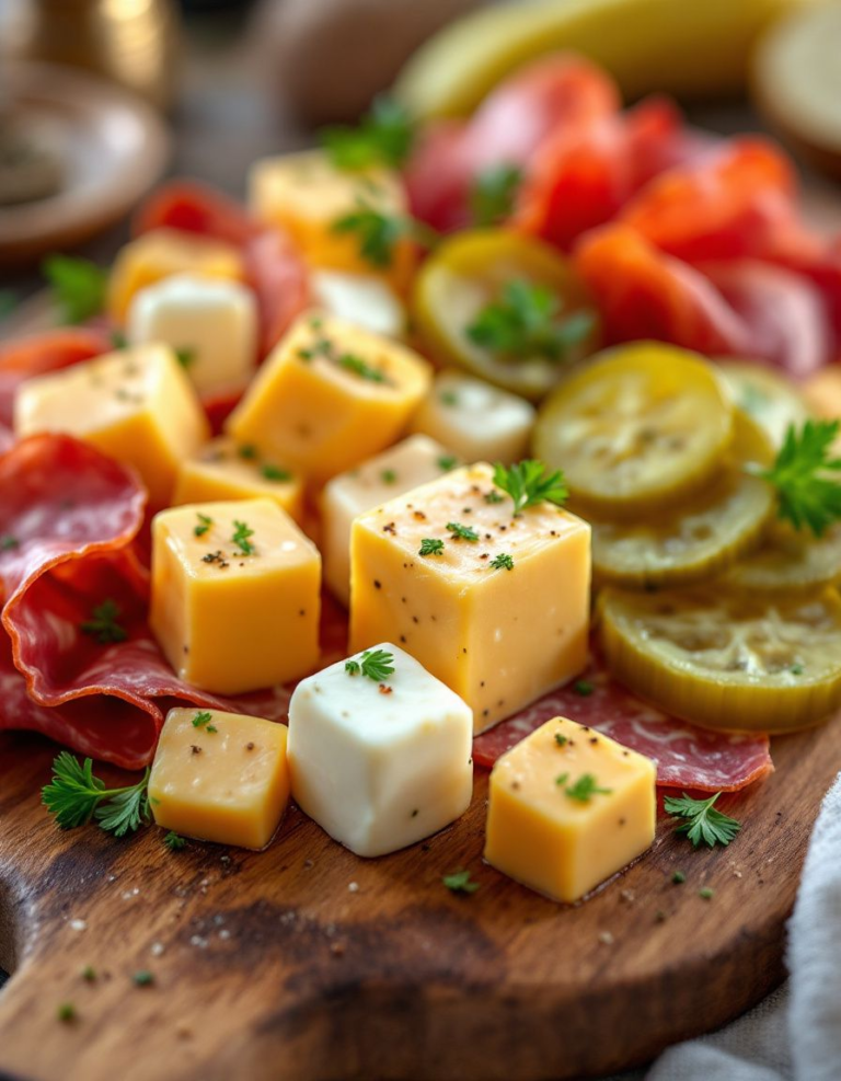 Easy Marinated Cheese Appetizer with Salami and Pickles