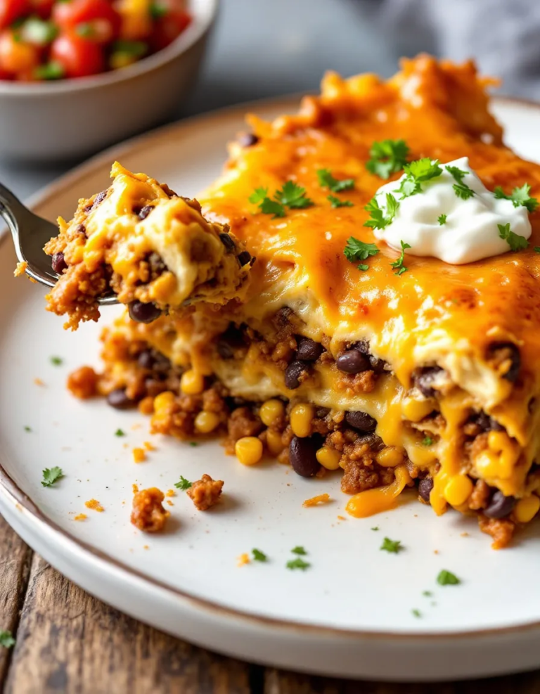 Easy Mexican Taco Lasagna with Layers of Cheese & Beef