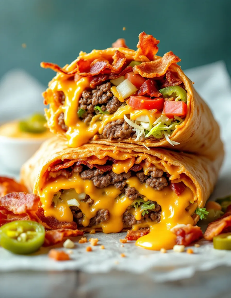 Ultimate Bacon Cheeseburger Burrito with Creamy Cheese Sauce