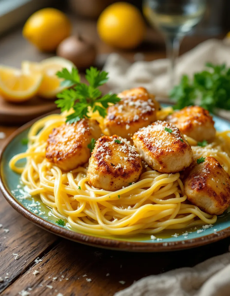 Easy Lemon Garlic Butter Chicken Bites with Parmesan Linguine