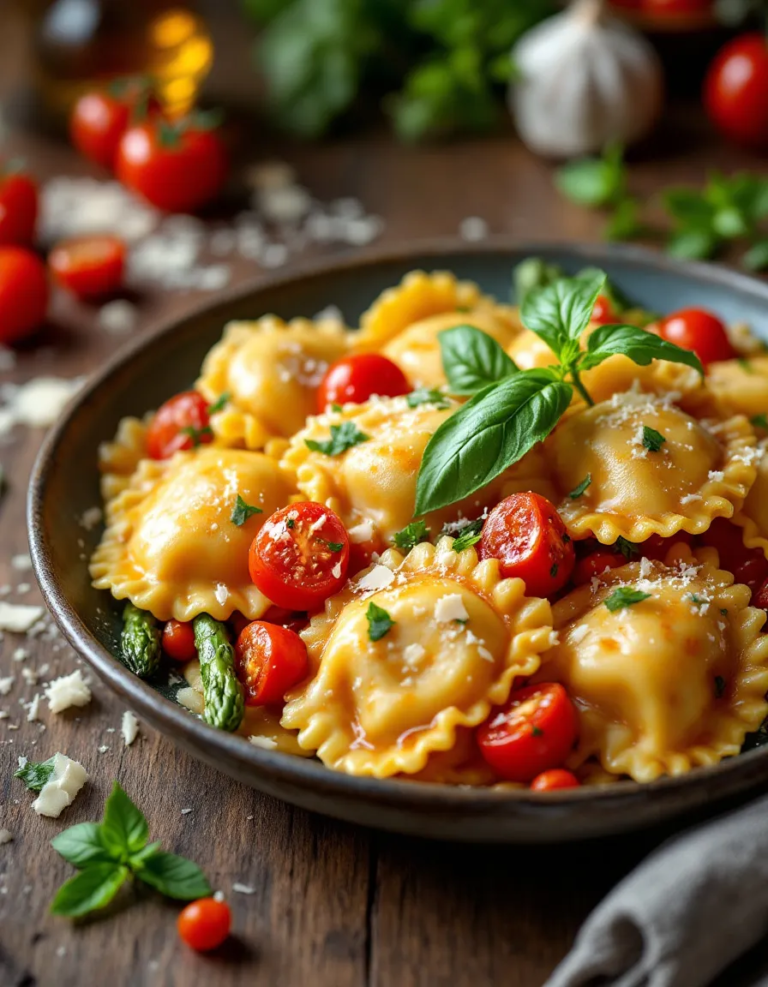 Easy Ravioli with Fresh Tomatoes, Asparagus, and Garlic Sauce
