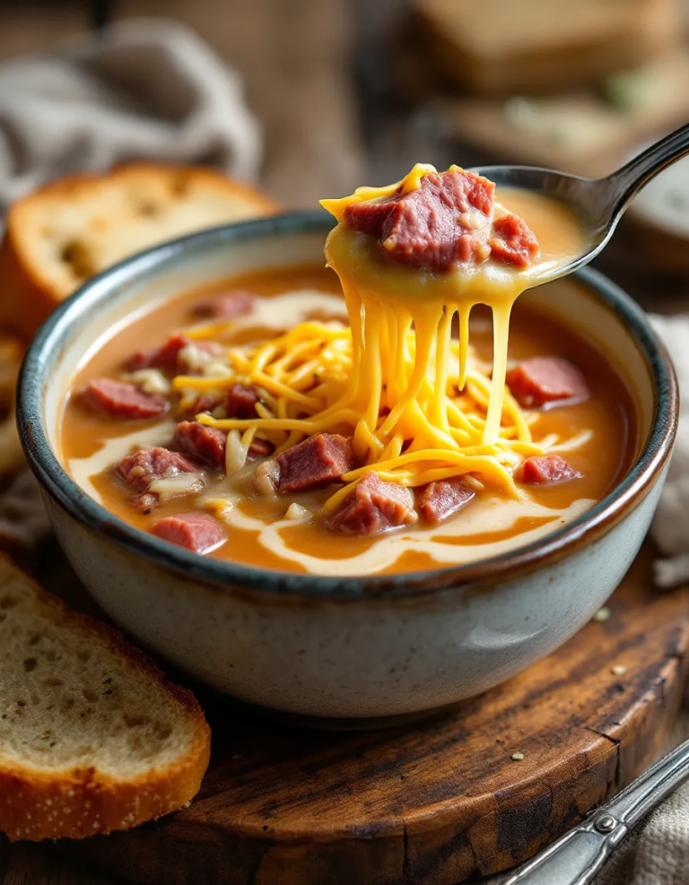 Easy Reuben Soup with Corned Beef and Swiss Cheese