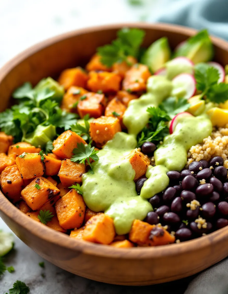Easy Sweet Potato and Black Bean Bowls with Avocado Dressing
