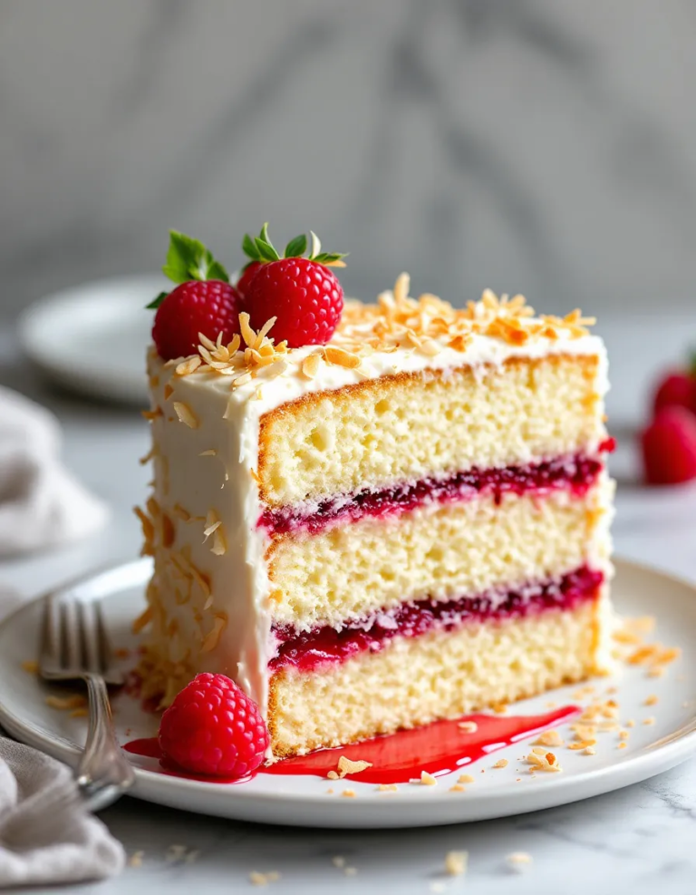 Ultimate Coconut Cake with Raspberry Filling & Cream Cheese