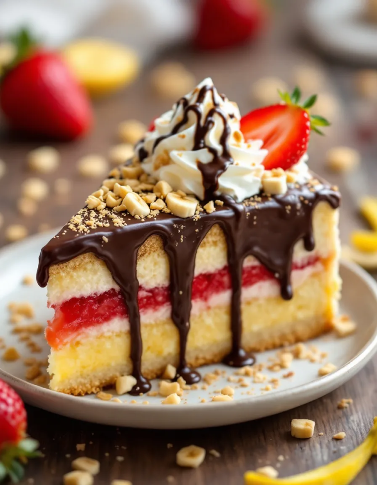 Easy Banana Split Cake – No Bake Dessert Recipe 🍌🍓🍫