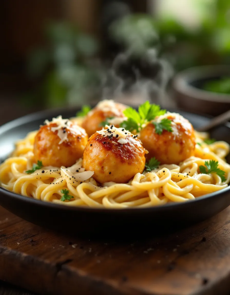 Easy Garlic Butter Chicken Balls with Creamy Parmesan Pasta