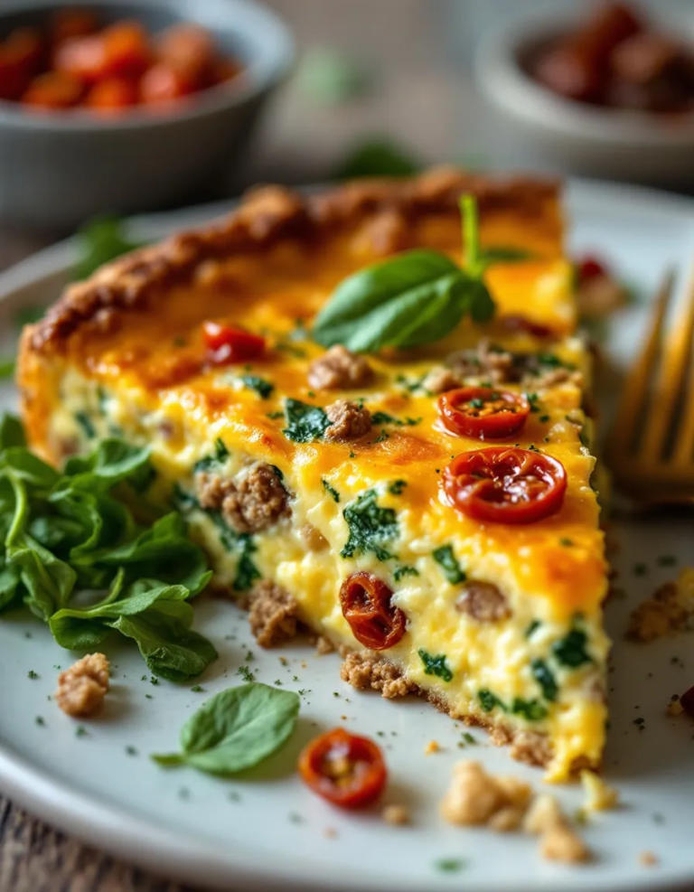 Easy Crustless Quiche with Spinach, Sausage & Sun-Dried Tomatoes