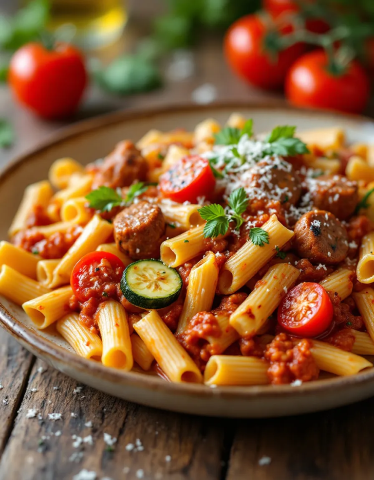 Easy Rigatoni with Italian Sausage, Tomatoes & Zucchini