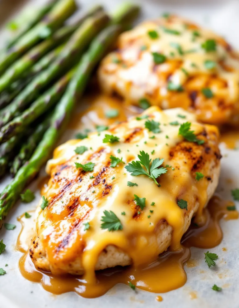Easy Honey Mustard Chicken with Roasted Asparagus and Cheese