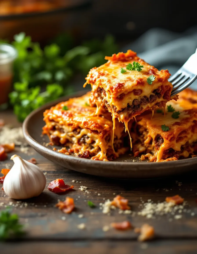 Ultimate Parmesan Garlic Bacon Cheeseburger Lasagna