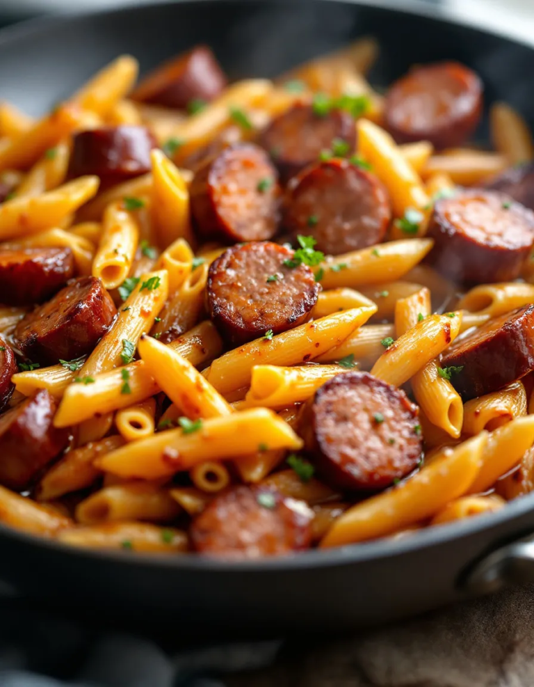 Easy Sticky Honey Garlic Sausage Pasta Skillet