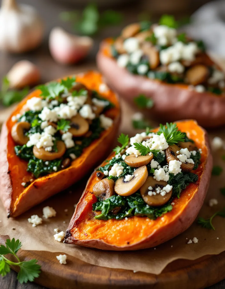 Best Stuffed Sweet Potatoes with Spinach Mushroom Feta