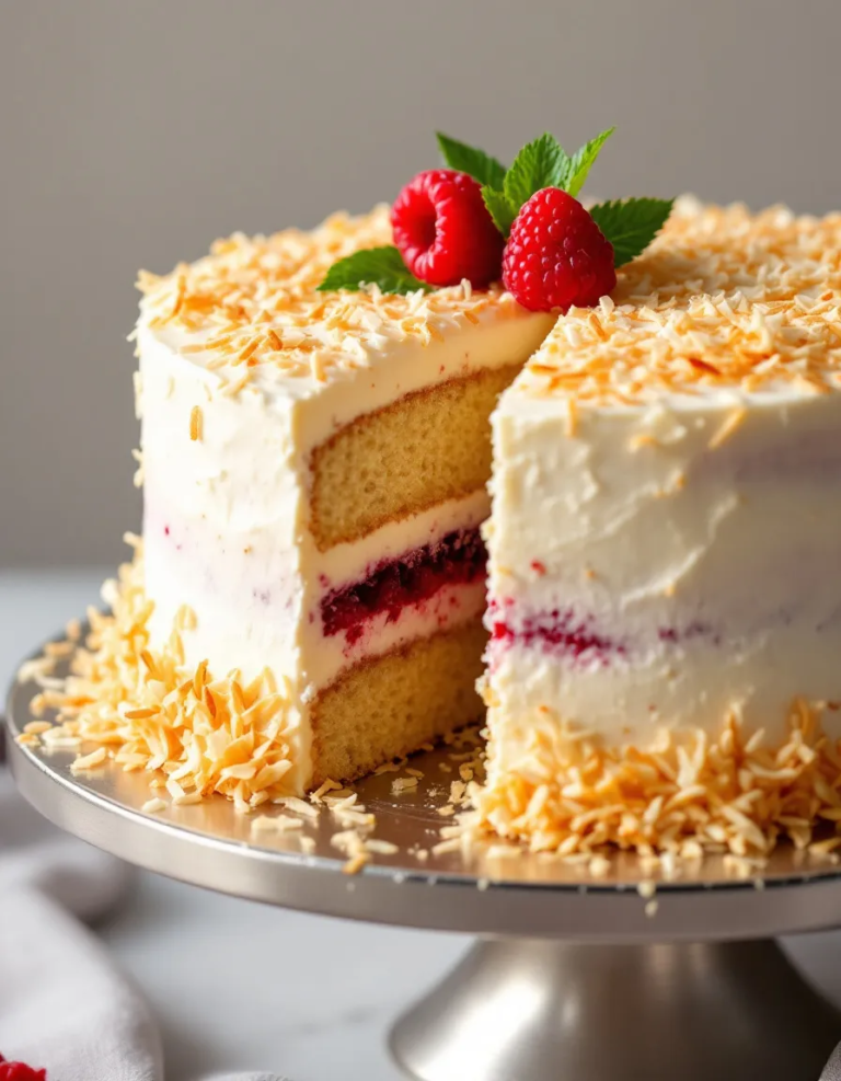 Ultra Moist Coconut Cake with Raspberry Filling