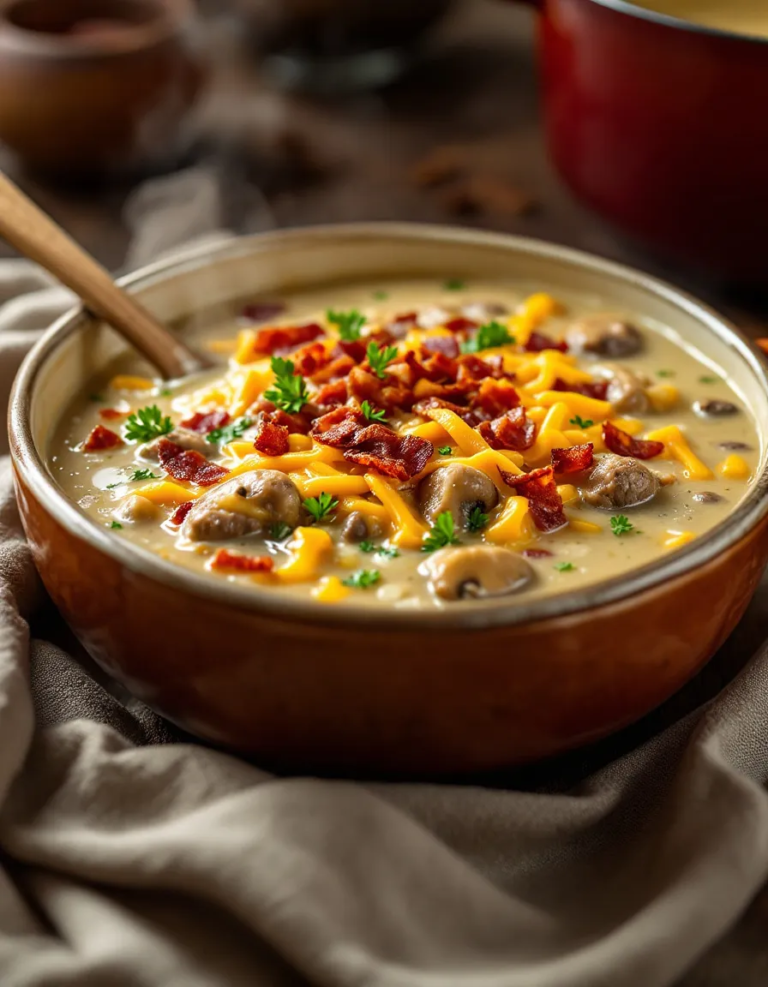 Best Bacon Mushroom Swiss Cheeseburger Soup Recipe