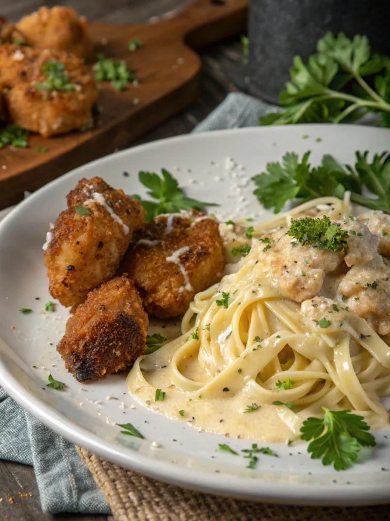 Garlic Butter Chicken Bites with Savory Creamy Parmesan Pasta