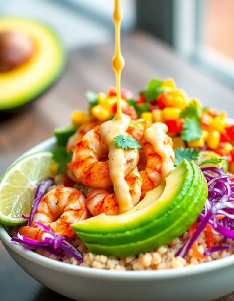 Grilled Shrimp Bowl with Avocado, Corn Salsa & Creamy Garlic Sauce