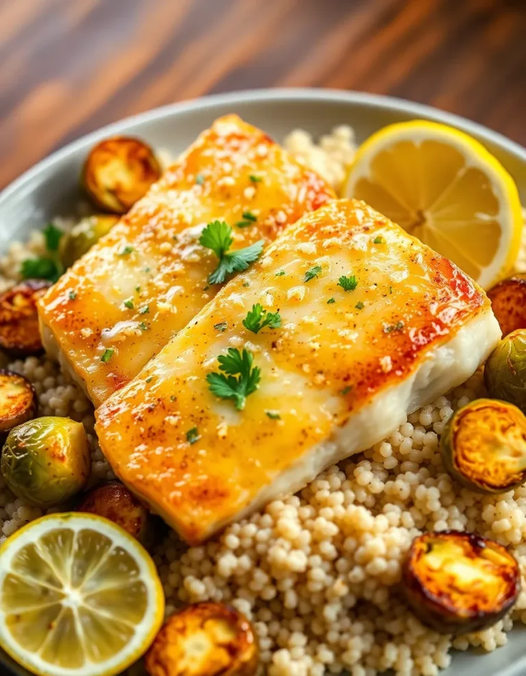 Lemon Garlic Butter Cod Bowls with Roasted Brussels Sprouts