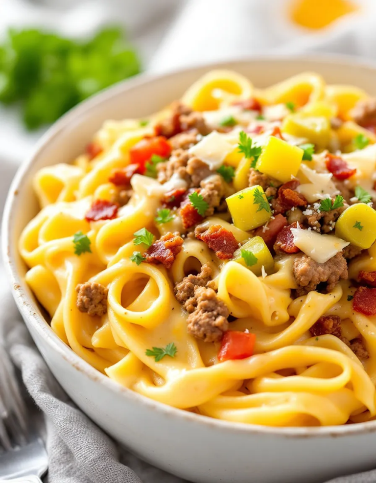 Ultimate Loaded Bacon Cheeseburger Alfredo Pasta Recipe