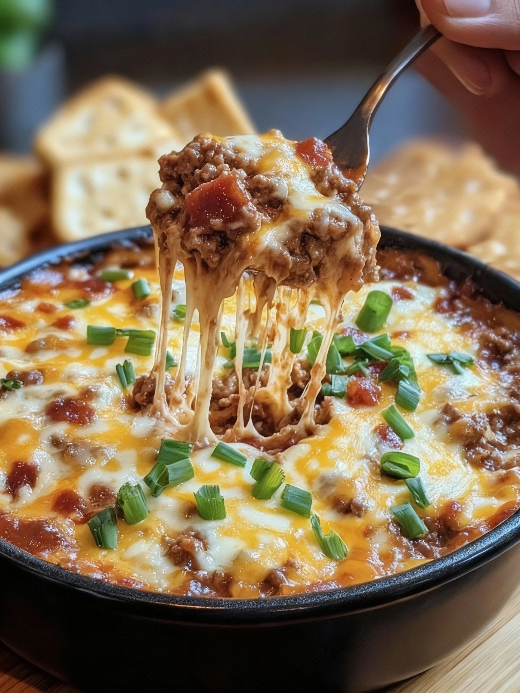 Bourbon BBQ Bacon Cheeseburger Dip finished