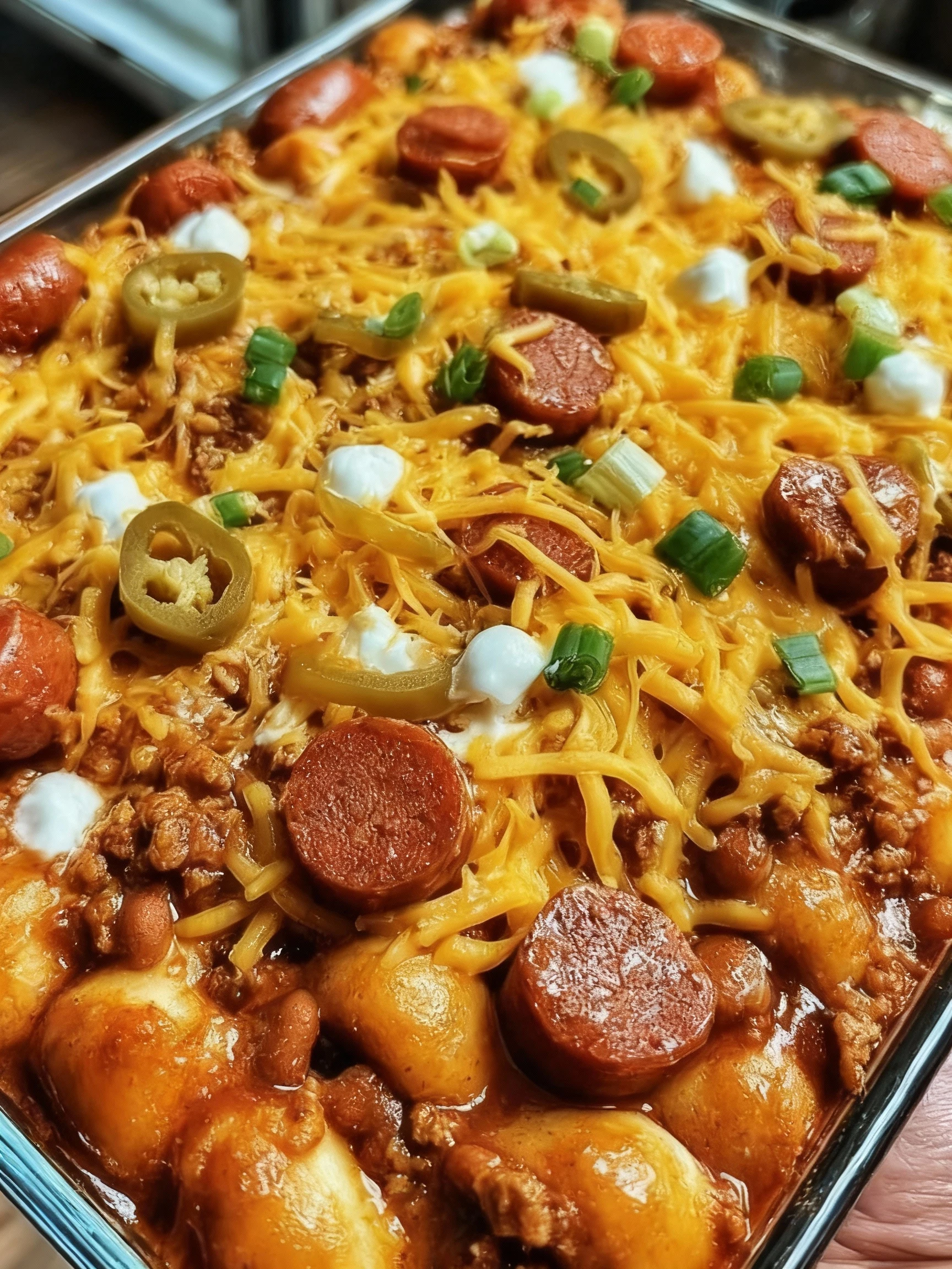 Fully Loaded Classic Chili Cheese Dog Casserole finished