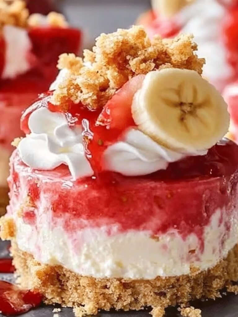 No-Bake Mini Strawberry Banana Pudding Crunch Cheesecakes