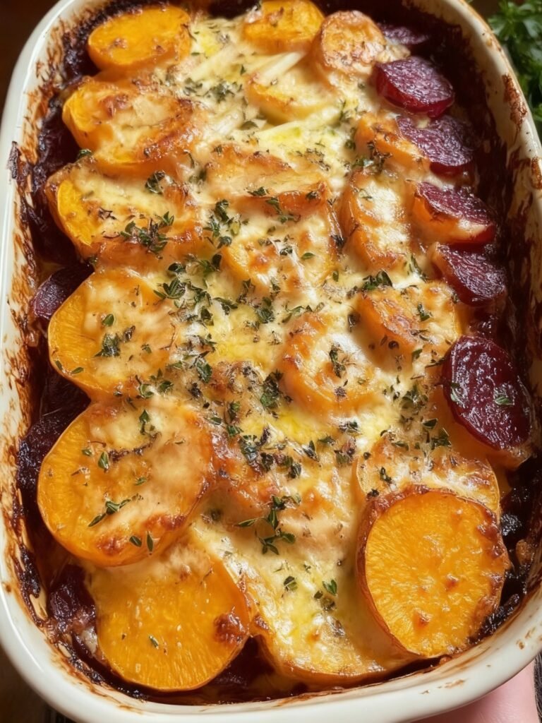 Root Vegetable Gratin with Sweet Potatoes, Parsnips, and Beets Recipe