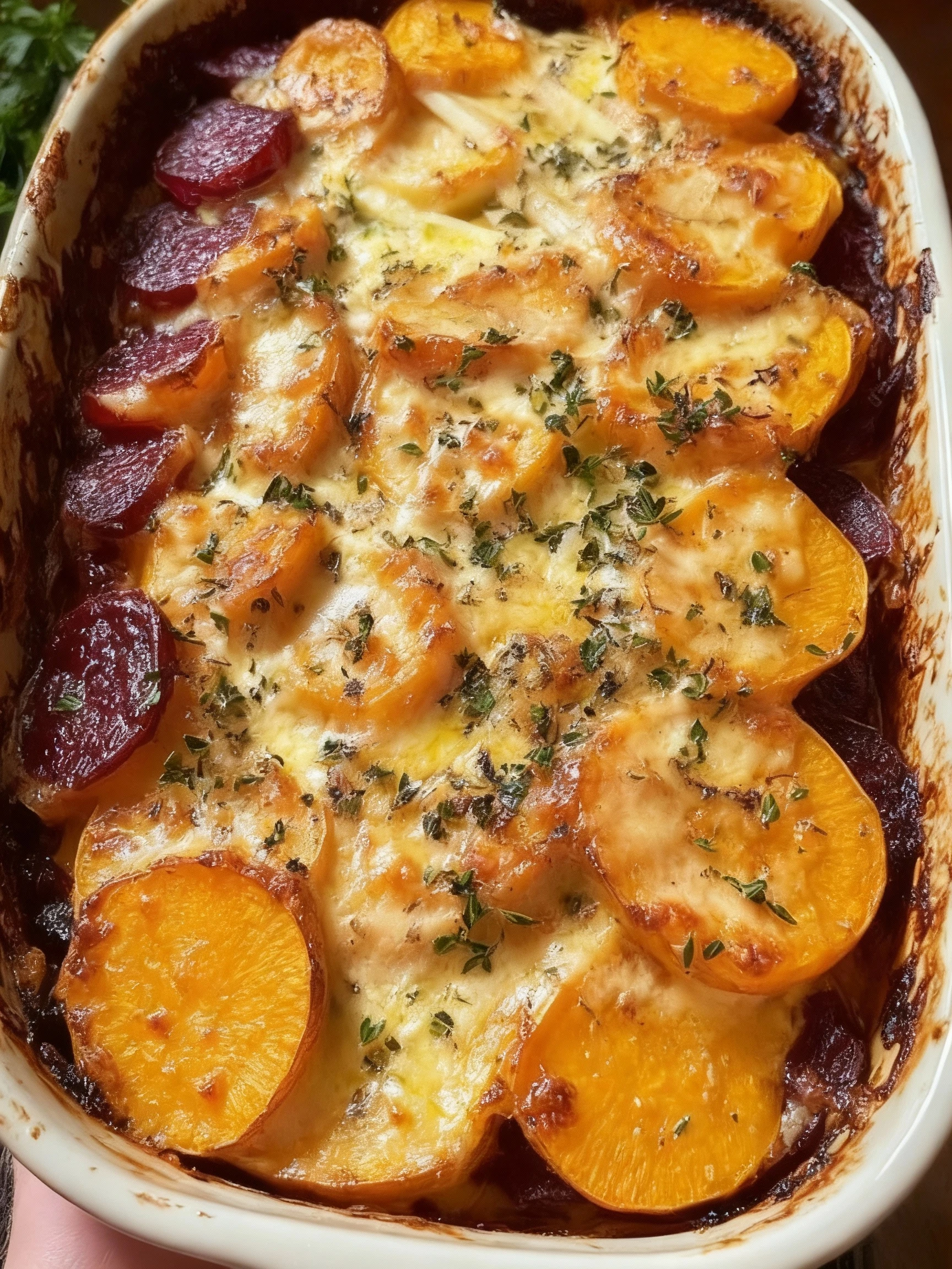 Root Vegetable Gratin with Sweet Potatoes, Parsnips, and Beets finished
