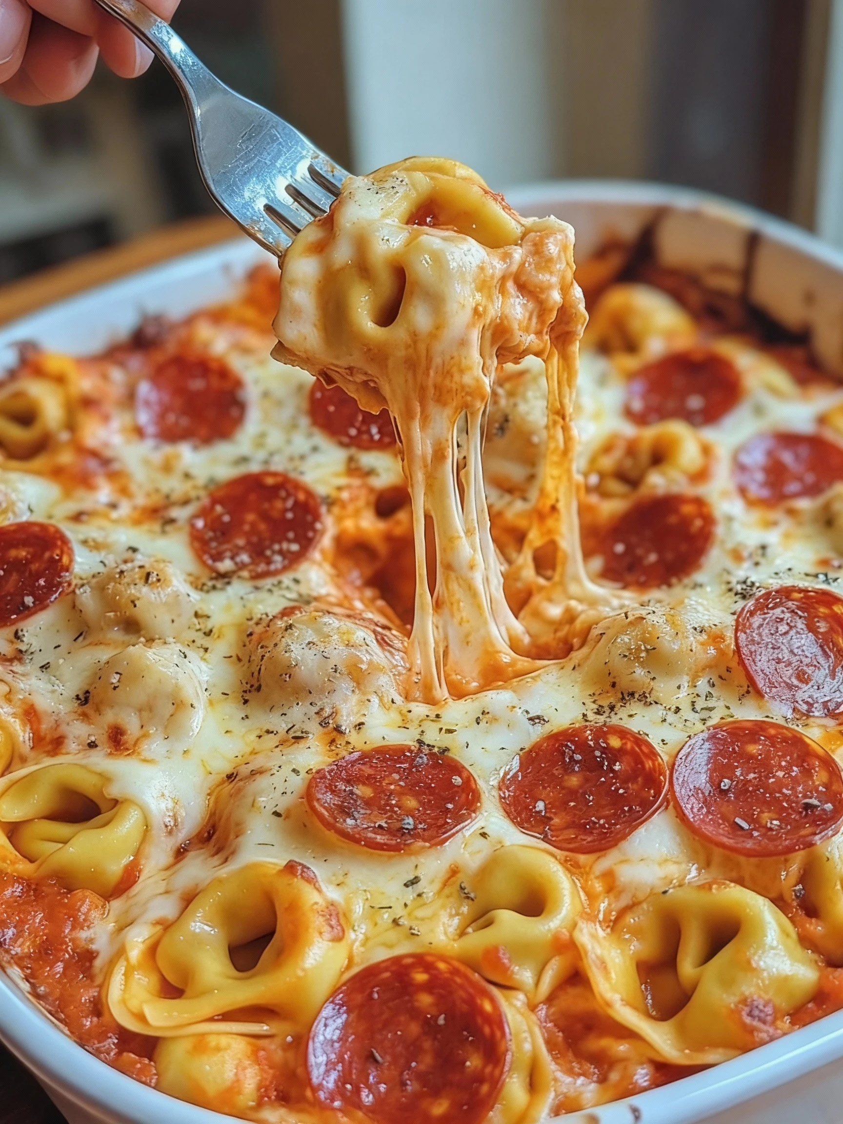 Cheese Tortellini Pepperoni Pizza Casserole finished