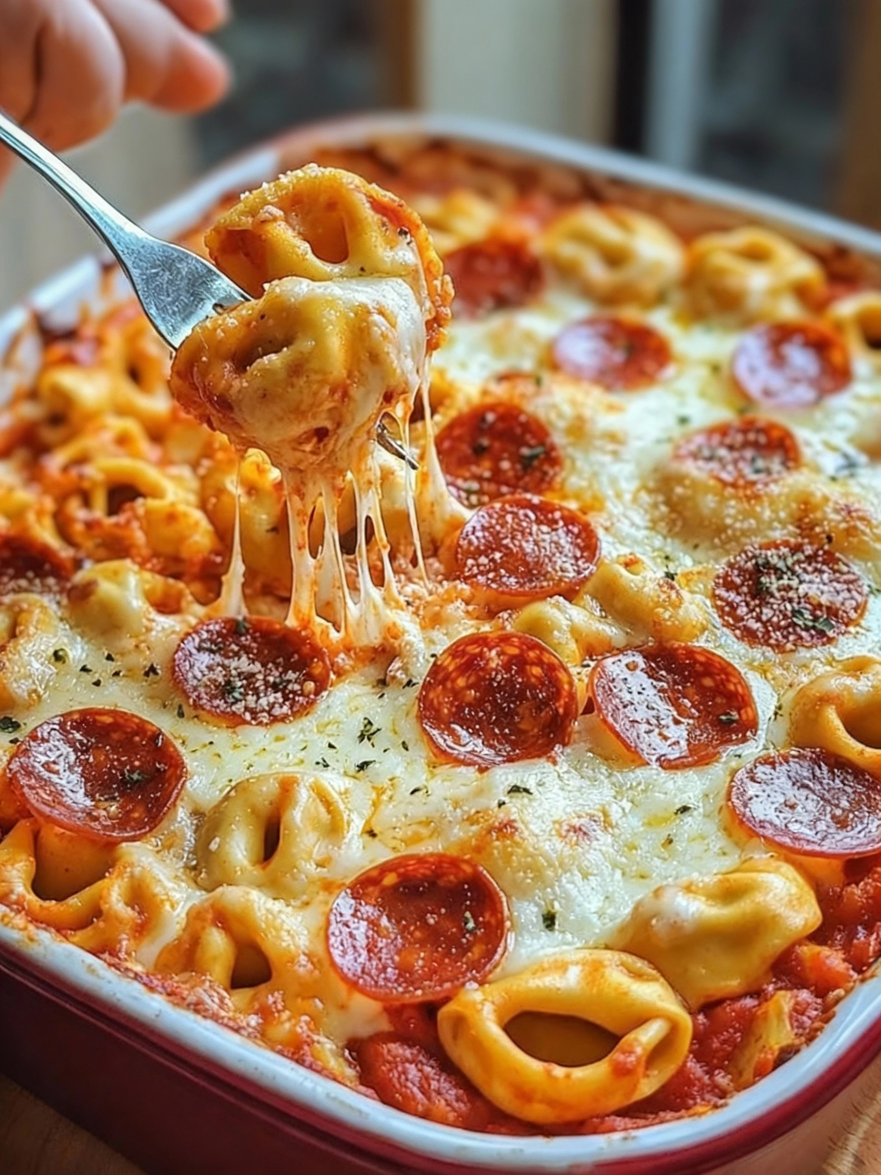 Cheese Tortellini Pepperoni Pizza Casserole finished