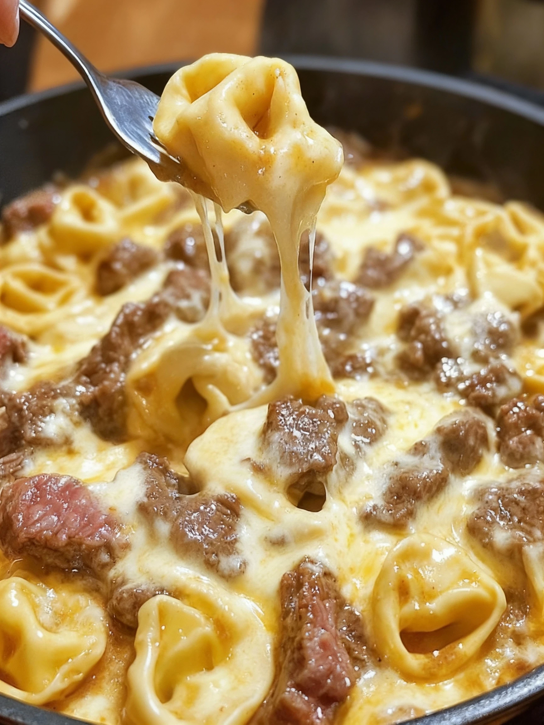 Cheesesteak Tortellini in Rich Provolone Sauce finished