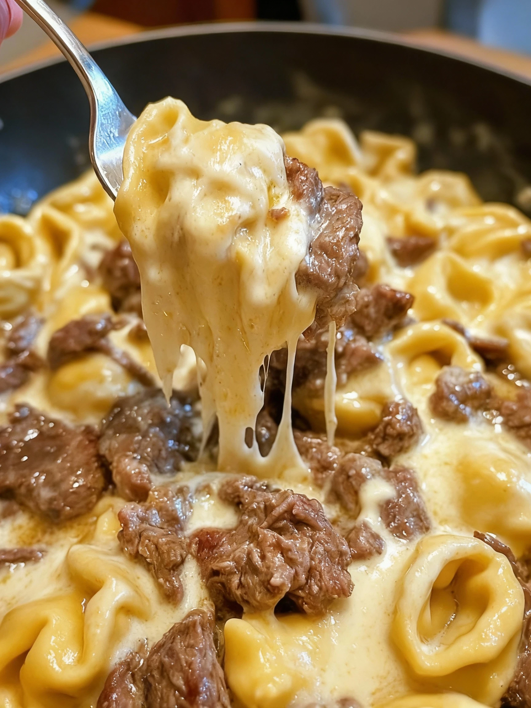 Cheesesteak Tortellini in Rich Provolone Sauce finished