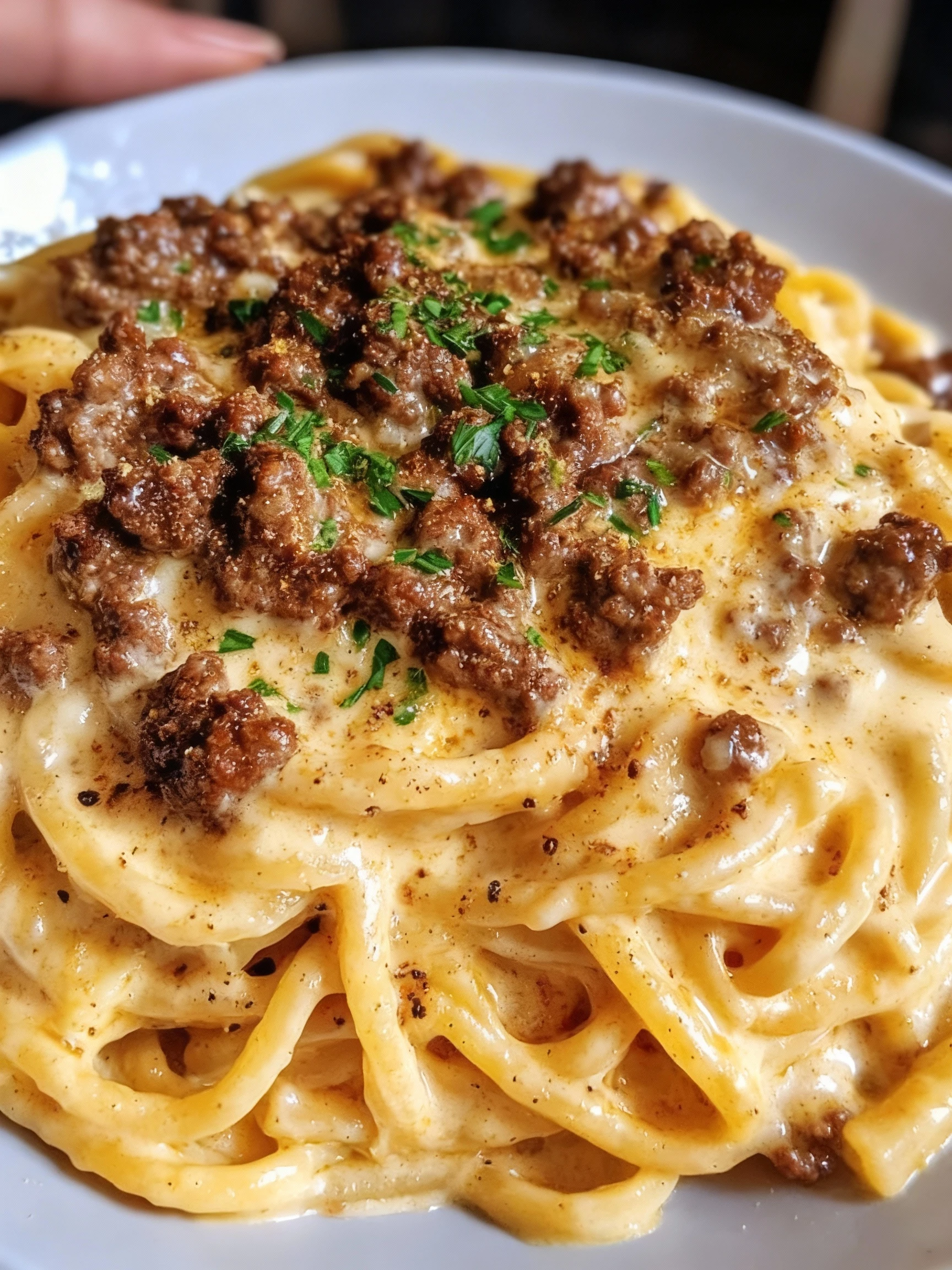 Cheesy Cajun Ground Beef Linguine in Garlic Cream Sauce finished