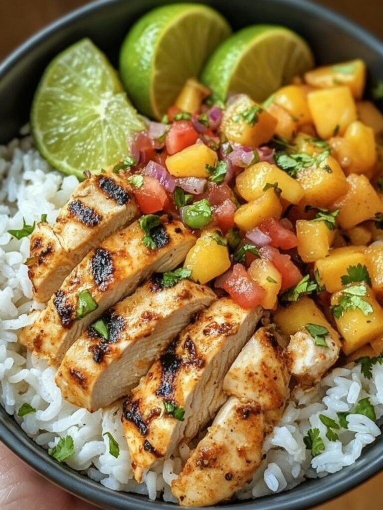 Cilantro-Lime Chicken Bowls with Peach Salsa Recipe