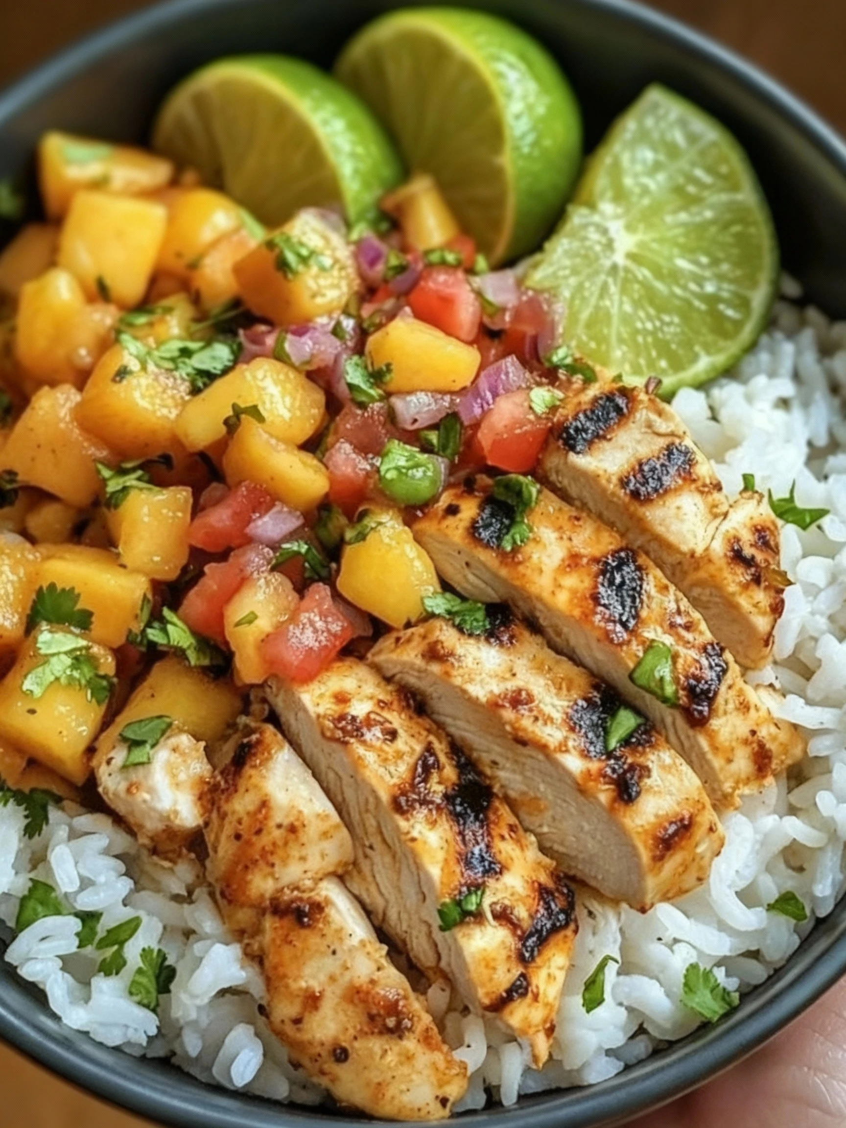 Cilantro-Lime Chicken Bowls with Peach Salsa finished
