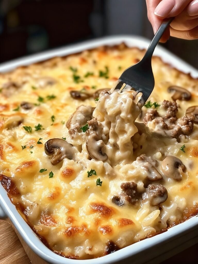 Creamy Beef & Mushroom Rice Bake Recipe