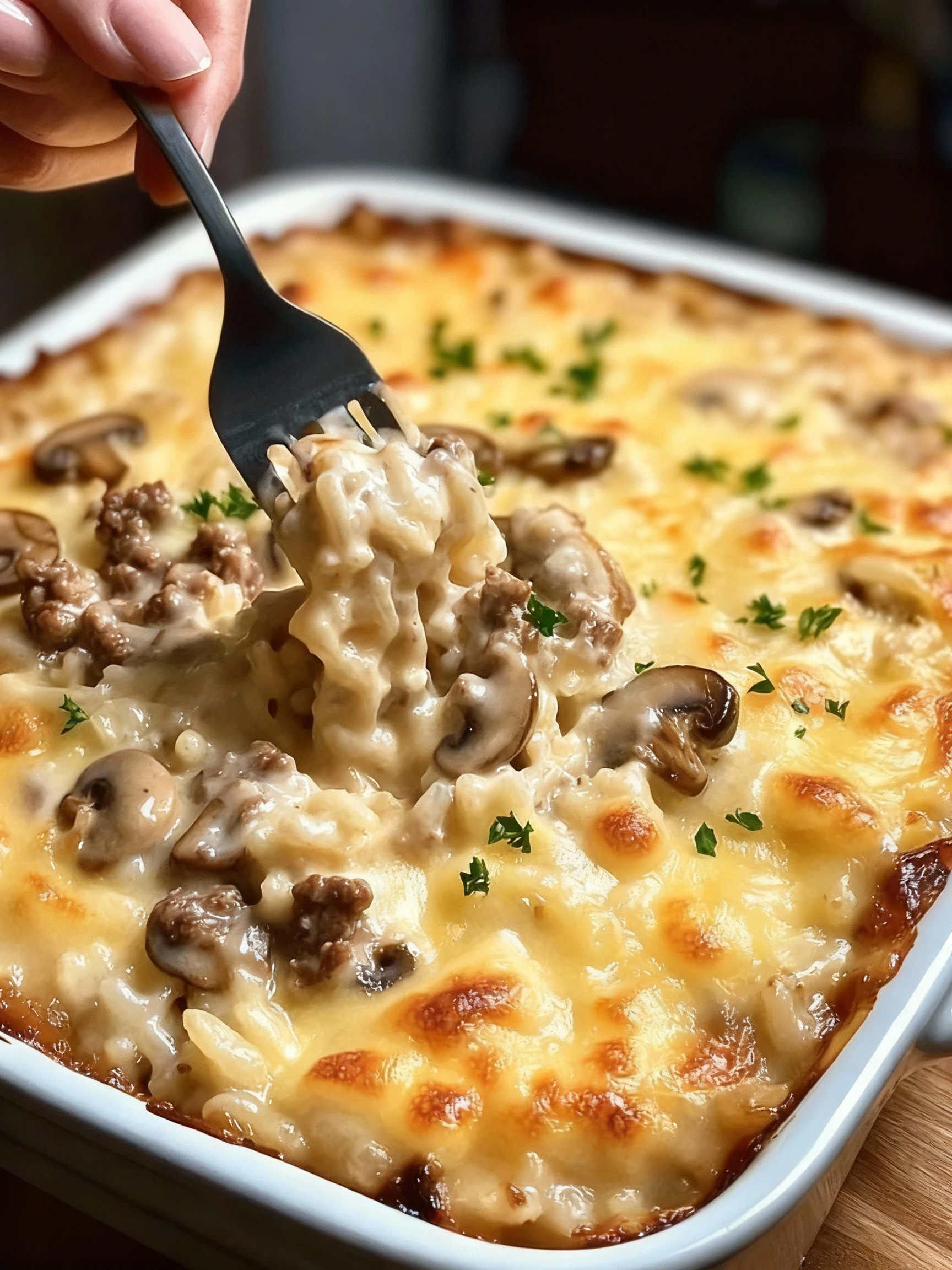 Creamy Beef & Mushroom Rice Bake finished