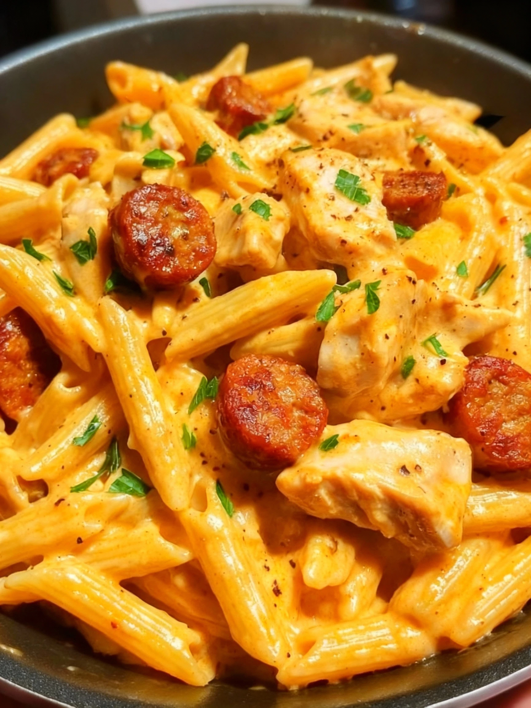 Creamy Cajun Chicken and Sausage Pasta Skillet Recipe finished