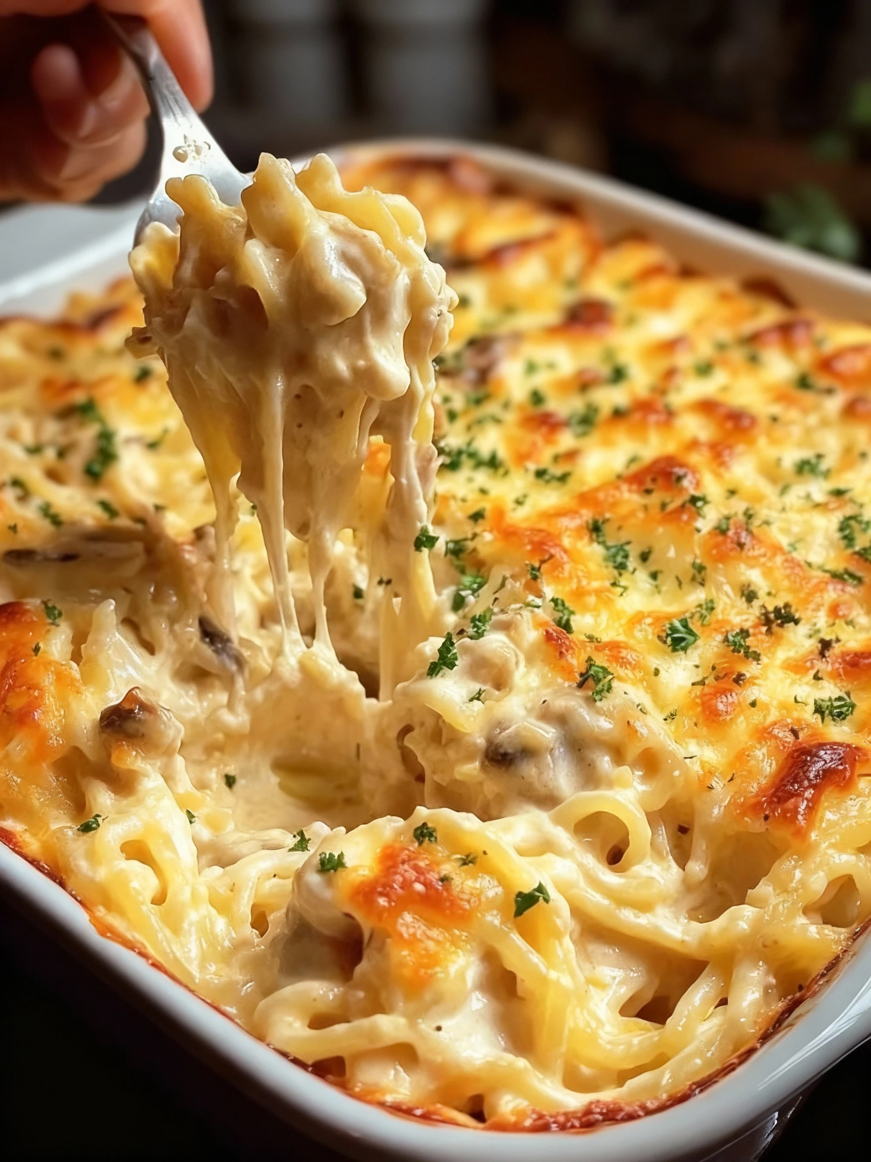 Creamy Chicken Tetrazzini Casserole finished