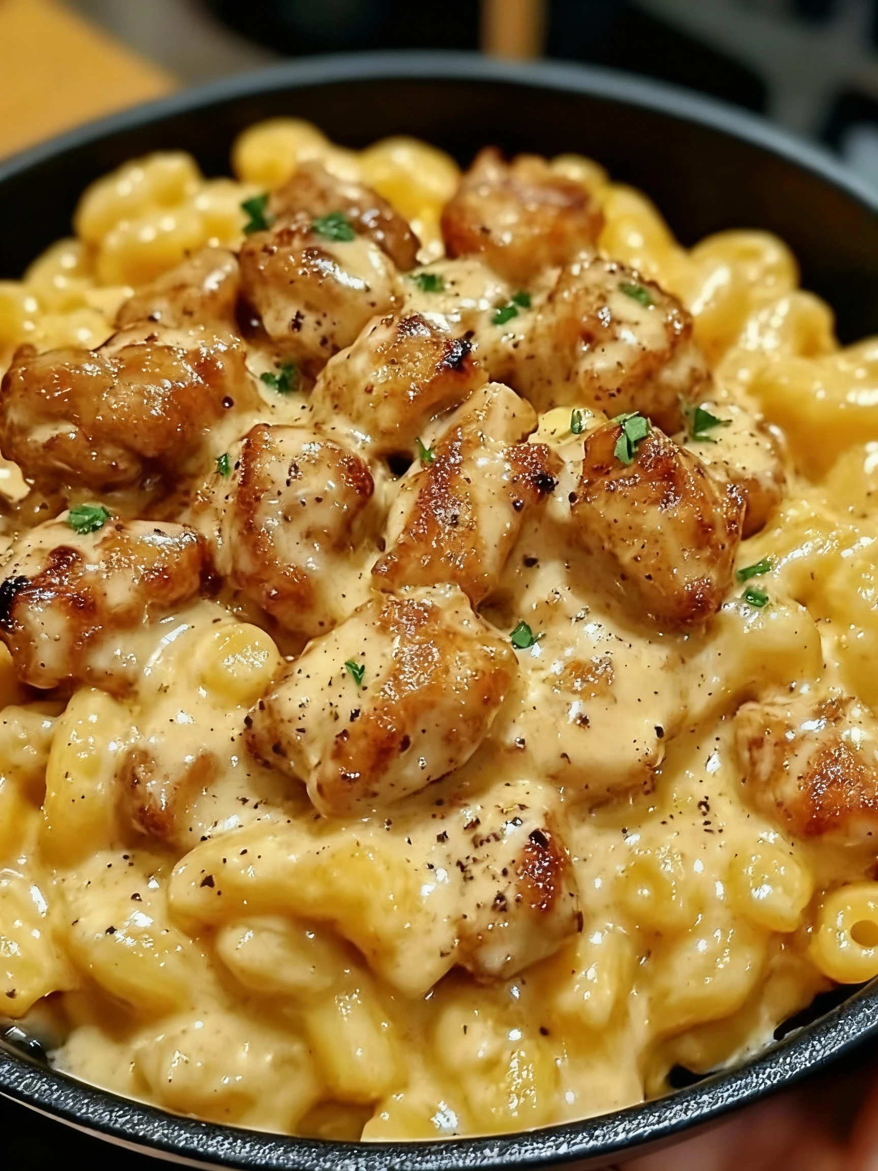Creamy Honey Pepper Chicken Mac and Cheese finished