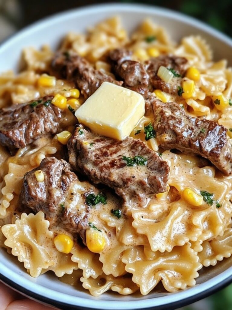 Creamy Parmesan Steak & Sweet Corn Bowtie Recipe