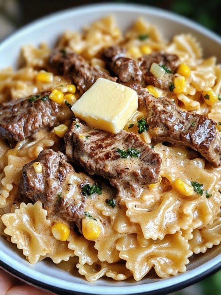 Creamy Parmesan Steak & Sweet Corn Bowtie Recipe
