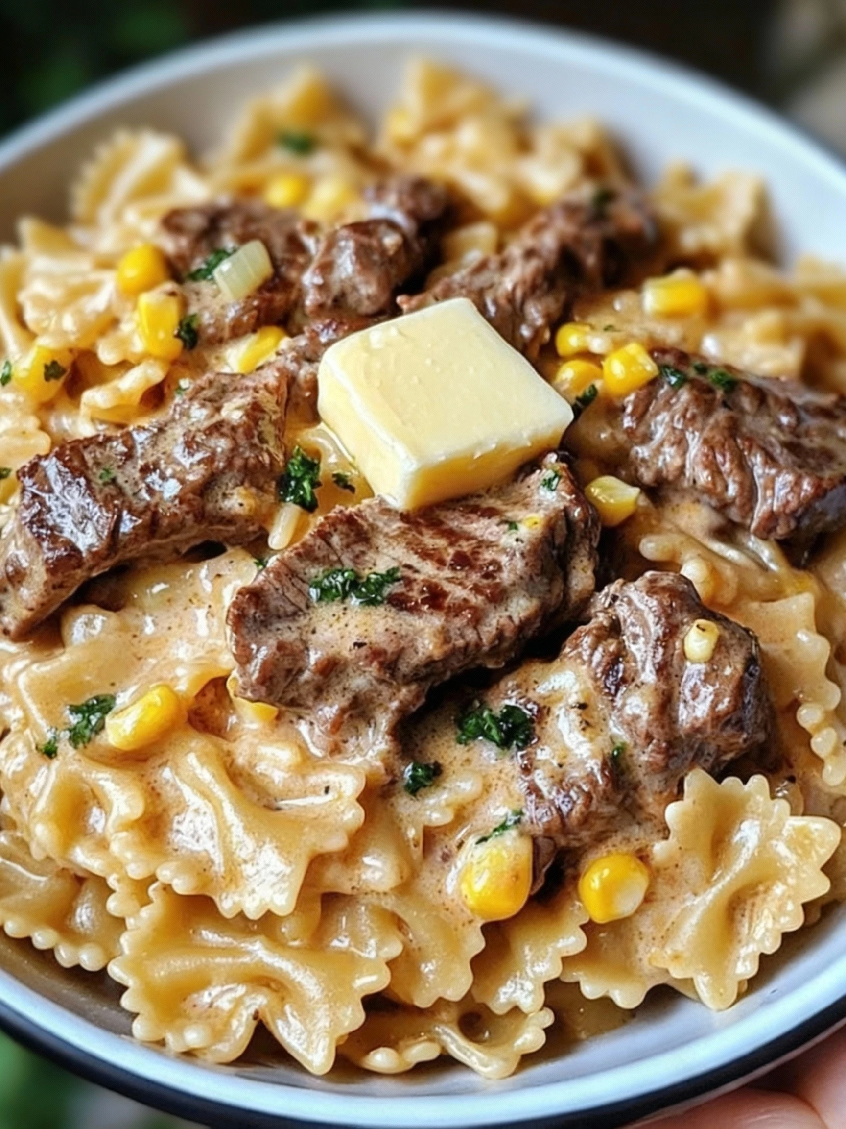 Creamy Parmesan Steak & Sweet Corn Bowtie finished