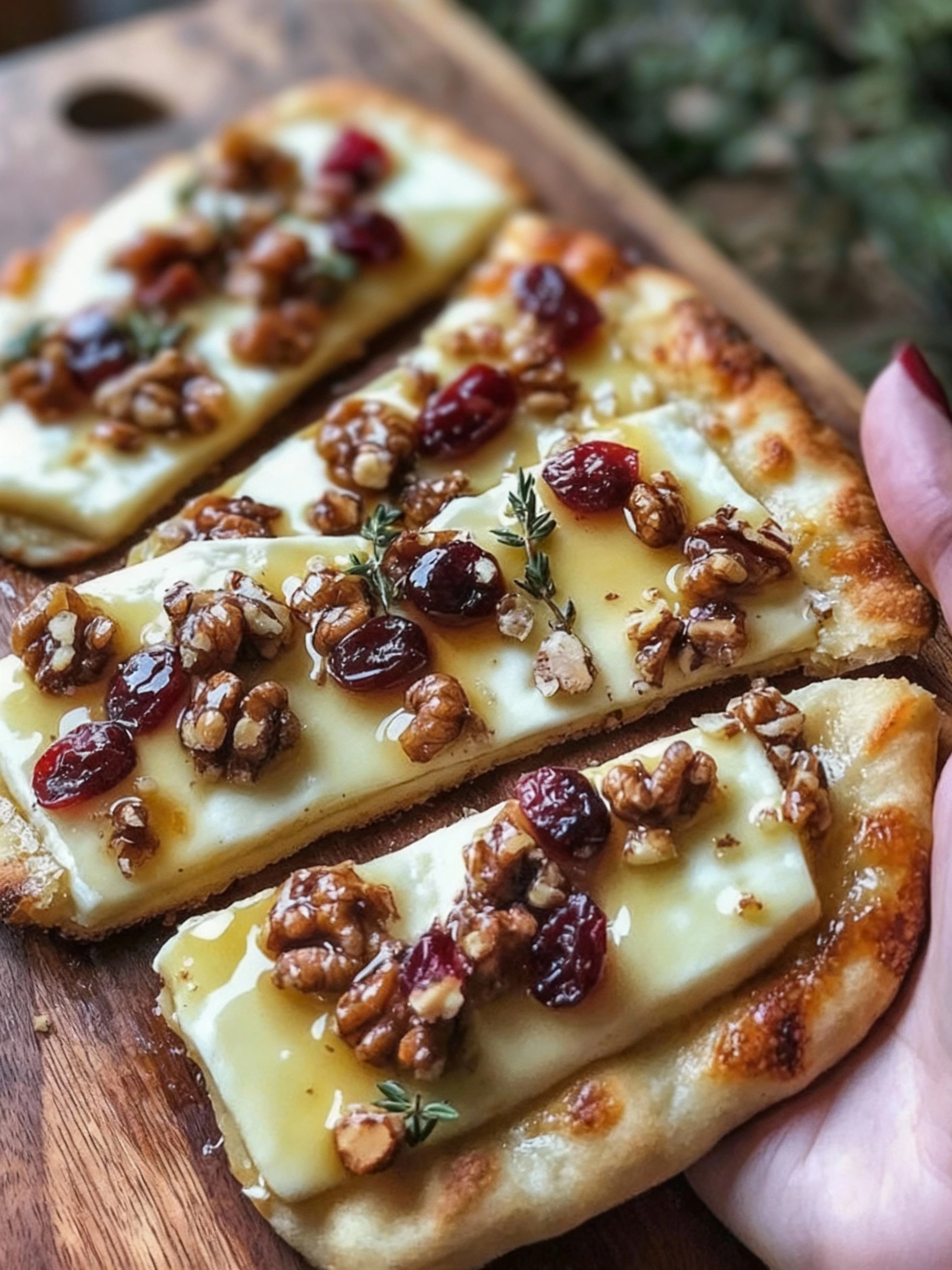 Crispy Flatbread with Brie, Cranberries & Toasted Walnuts with a Maple Syrup Drizzle finished