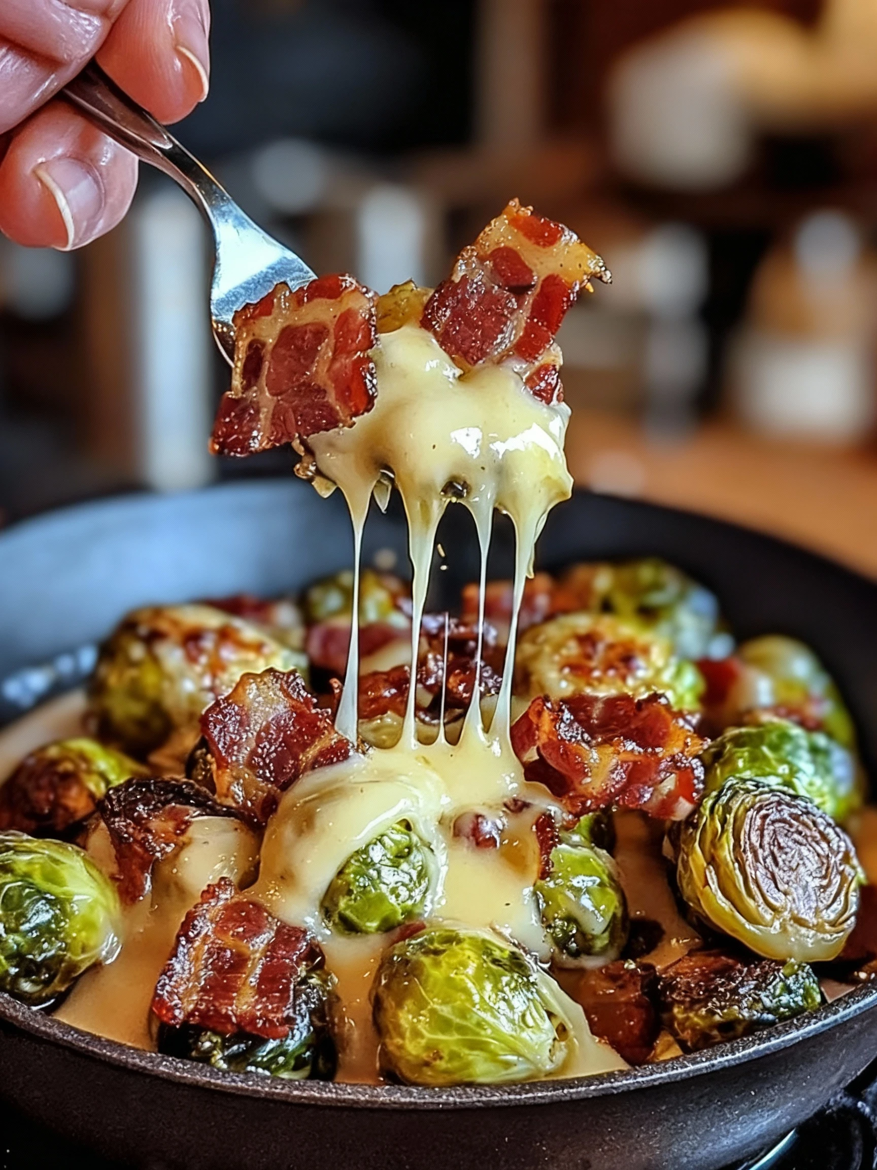 Crispy Brussels Sprouts with Bacon and Creamy Mustard Sauce finished