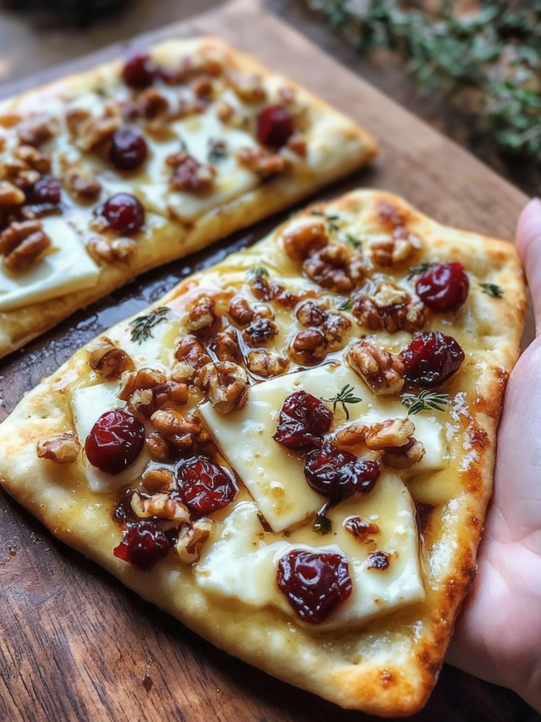 Crispy Flatbread with Brie, Cranberries & Toasted Walnuts with a Maple Syrup Drizzle finished